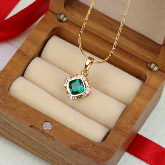 "Green Cushion Stone Pendant in Gold Plated Brass with Crystal Halo, XPPT1768 - Picture 7 of 14